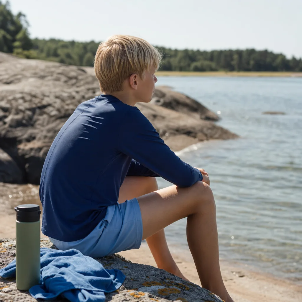 UV-kläder skolbarn – solskydd för 6–12 år - redaktionell bild